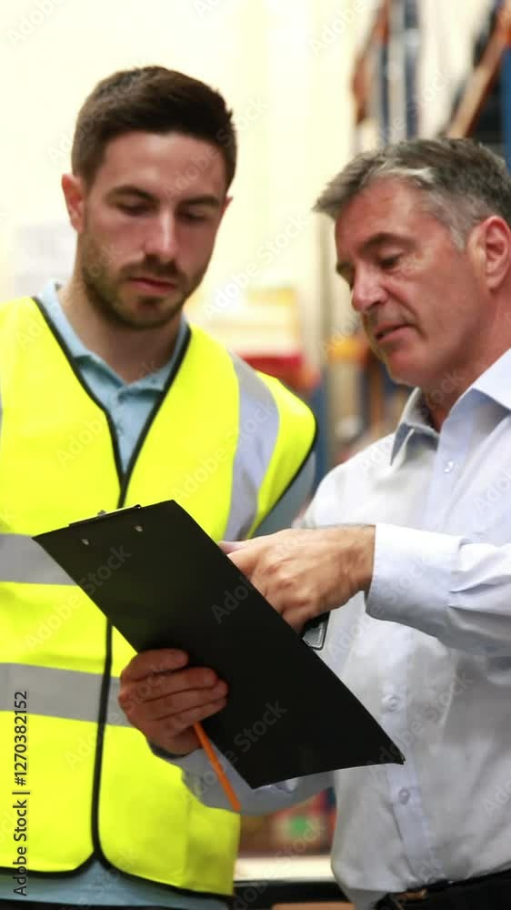 Warehouse worker talking with his manager