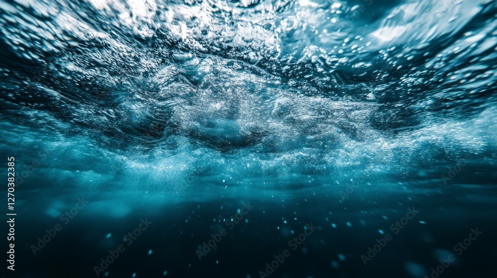 Underwater view of the ocean surface, with light shining through the water Underwater view of the ocean surface, with light shining through the water