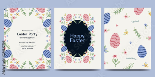 Easter day design with flower frame, easter element watercolor illustration. Easter egg hunt invitation.