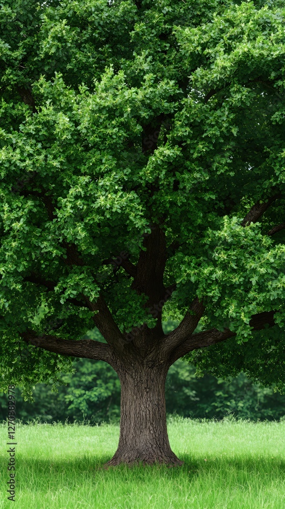Obraz premium Majestic Tree with Lush Green Canopy Standing Tall in a Peaceful Grassy Meadow