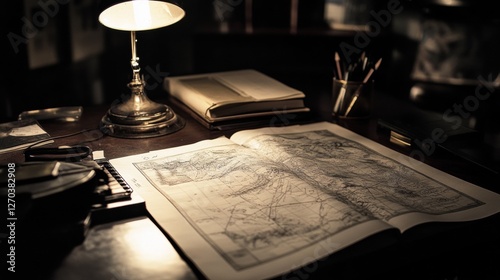 Vintage Workspace with Map and Desk Lamp in Dim Light Setting