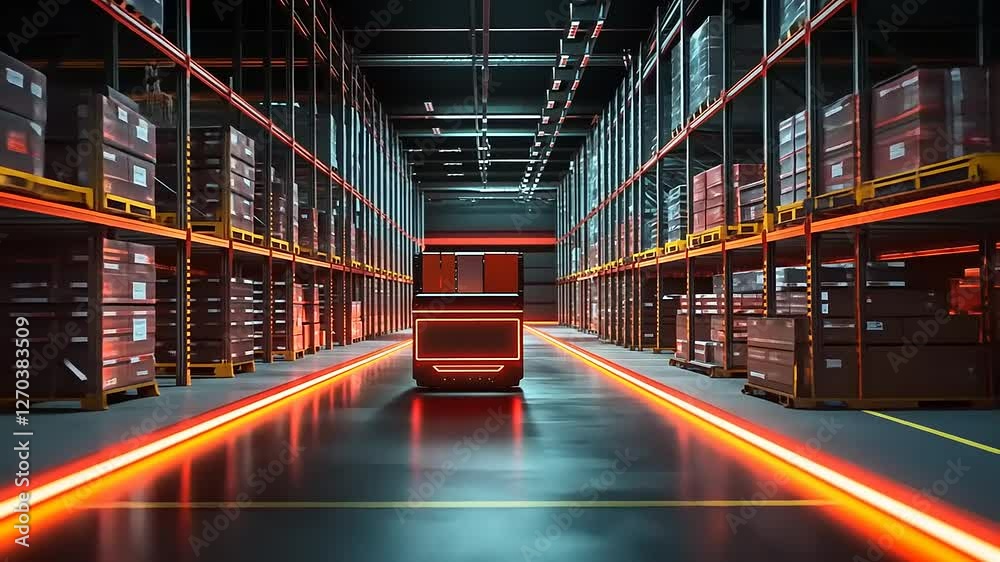 A futuristic warehouse with illuminated pathways and robotic equipment for efficient logistics. A futuristic warehouse with illuminated pathways and robotic equipment for efficient logistics.