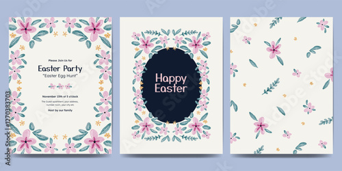 Easter day design with flower frame, easter element watercolor illustration. Easter egg hunt invitation.