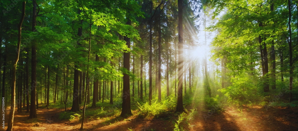 Obraz premium Beautiful rays of sunlight in a green forest