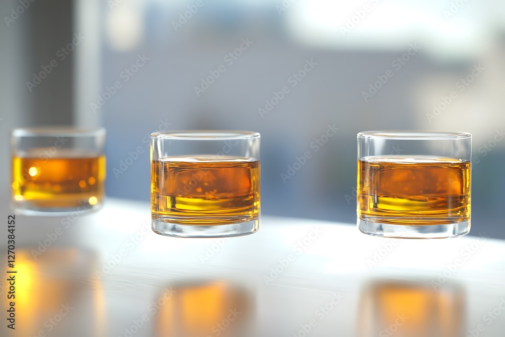 Golden Amber Whiskey Shots in Floating Glasses Golden Amber Whiskey Shots in Floating Glasses