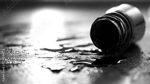 Spilled ink bottle, dark liquid, studio, reflective surface, dramatic lighting,  accident