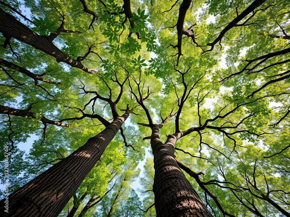 Fototapeta premium Majestic Canopy of Tall Trees Reaching Towards a Clear Blue Sky Illuminated by Soft Sunlight