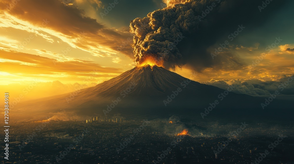 Fototapeta premium Volcanic eruption sunset city disaster landscape