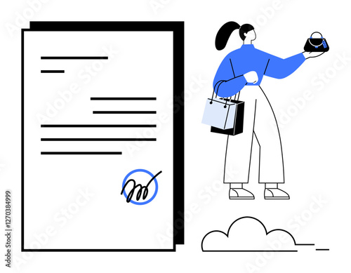 Woman holding a purse and shopping bags standing next to a document with a signature, accompanied by a cloud. Ideal for retail, consumer behavior, e-commerce, contracts, fashion, shopping habits