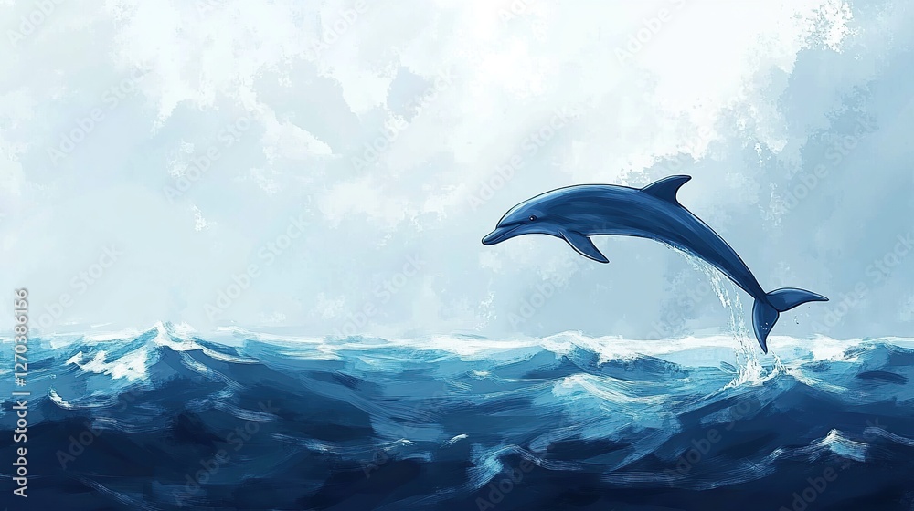 Obraz premium Dolphin leaping ocean waves, sky background, wildlife art