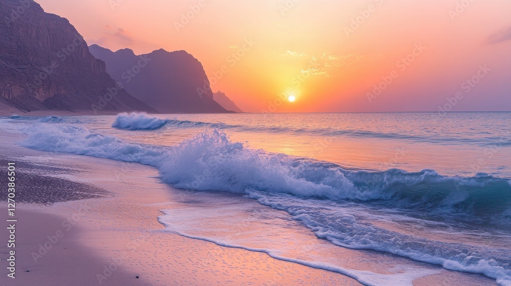 Naklejka premium Serene Sunset Coastal Scene: Pink Hues Embrace Ocean Waves at Dusk