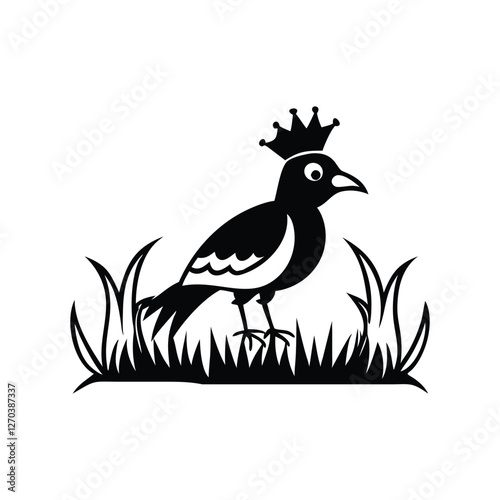 Royal Crested Bird Silhouette Standing on Grass – Vector Art