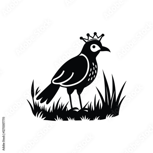 Royal Crested Bird Silhouette Standing on Grass – Vector Art