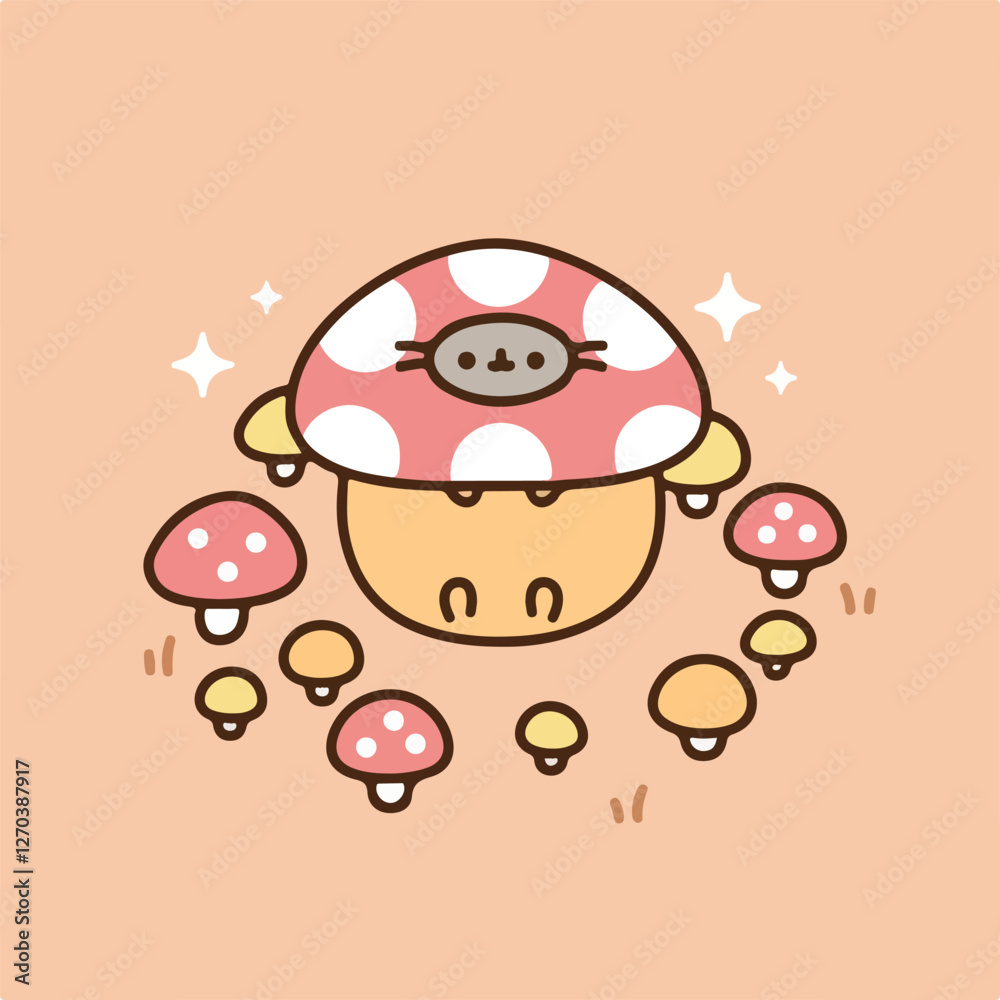 Adorable kawaii illustration of Pusheen cat as a large mushroom with a red polka dot cap, surrounded by smaller mushrooms, sparkling stars, and a pastel background. Adorable kawaii illustration of Pusheen cat as a large mushroom with a red polka dot cap, surrounded by smaller mushrooms, sparkling stars, and a pastel background.