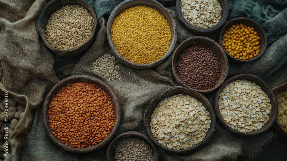 Assorted cereals and legumes in wooden bowls on textured fabric background create warm and inviting atmosphere. vibrant colors and varied textures highlight beauty of natural ingredients Assorted cereals and legumes in wooden bowls on textured fabric background create warm and inviting atmosphere. vibrant colors and varied textures highlight beauty of natural ingredients