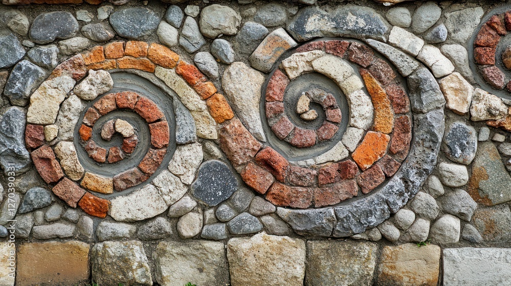 Stone Mosaic Wall Art: Spiraling Design in Red, Grey and Beige Tones Stone Mosaic Wall Art: Spiraling Design in Red, Grey and Beige Tones