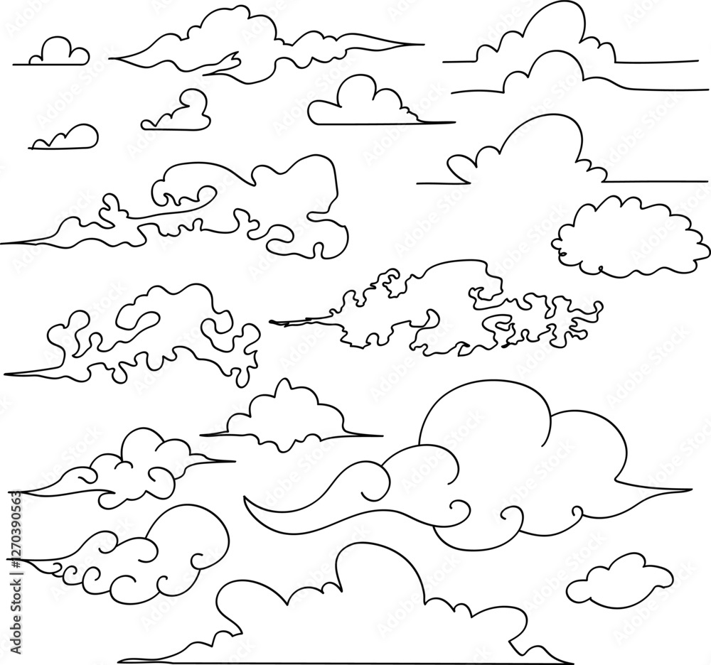 Obraz premium Set of hand drawn clouds in line art style with black lines in vector
