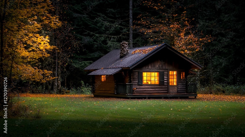 Illuminated cabin in autumn forest at night. Illuminated cabin in autumn forest at night.