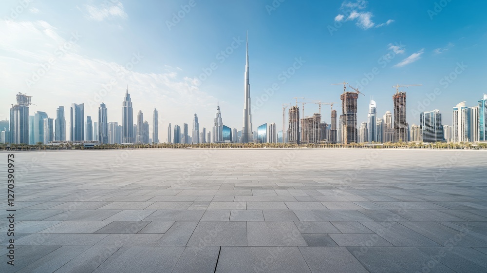 A spacious plaza with distant skyscrapers. Featuring calm and growth A spacious plaza with distant skyscrapers. Featuring calm and growth