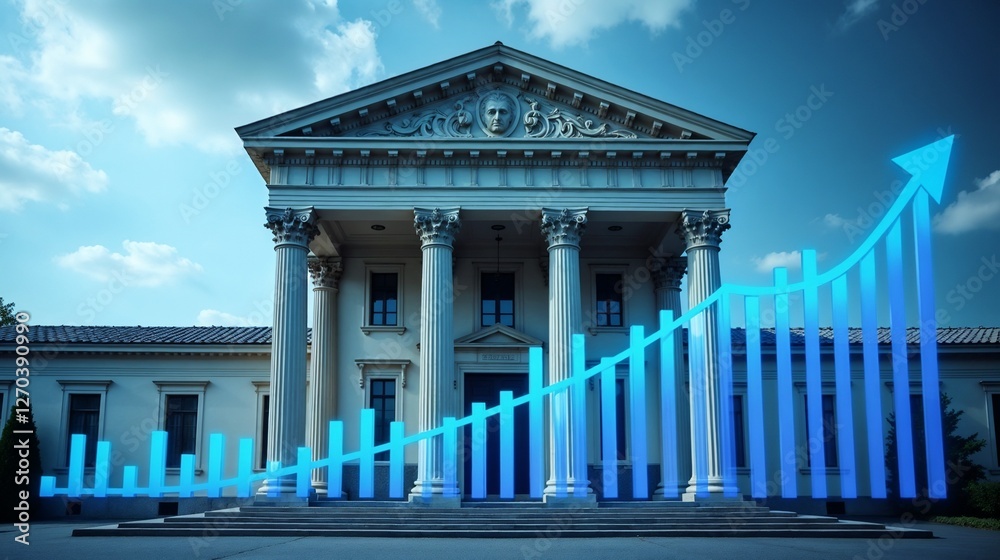 Fototapeta premium Growth trend visualized in front of classical architecture with blue sky backdrop