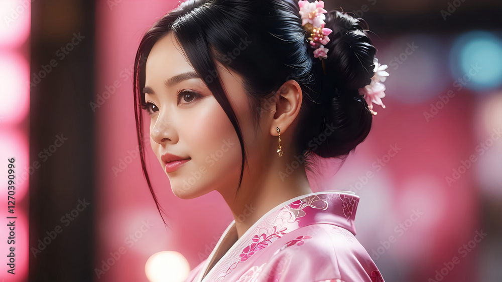 Naklejka premium Portrait of Japanese girl in kimono. Profile face close up. Abstract blurry pink background.