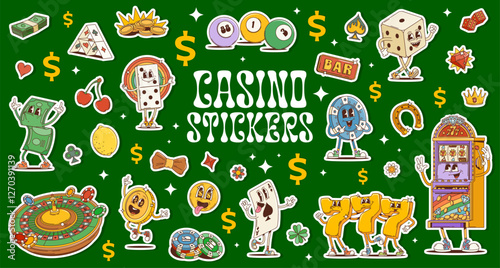 Stickers pack of groovy casino and gambling characters. Vector set of patches featuring cartoon dice, slot machine, poker chips, roulette wheel, cards, dollar signs, coin, cherries and lucky sevens
