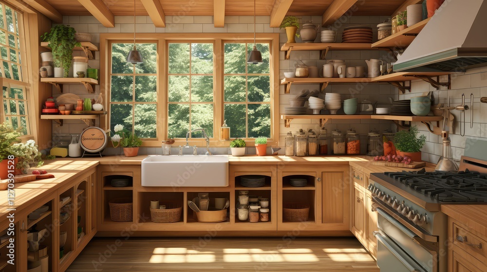 Fototapeta premium wooden kitchen 3d rendering
