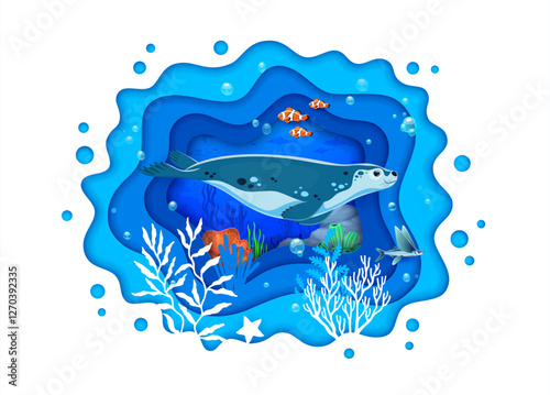 Paper cut underwater landscape banner with fur seal and seaweeds. 3d vector layered wavy papercut frame contains sea animal, marine life in the ocean depth teeming with vibrant coral, fish and bubbles