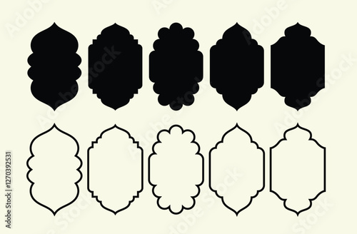 Islamic shape of windows or door arch. Arab frame Set of black silhouette eid Mubarak decorative arches, mosque borders. Arabic Muslim architecture design elements, Ramadan frame.