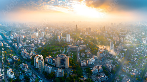 Aerial view of Pune city in Maharashtra, India, showcasing urban landscape and skyscrapers under beautiful sunrise