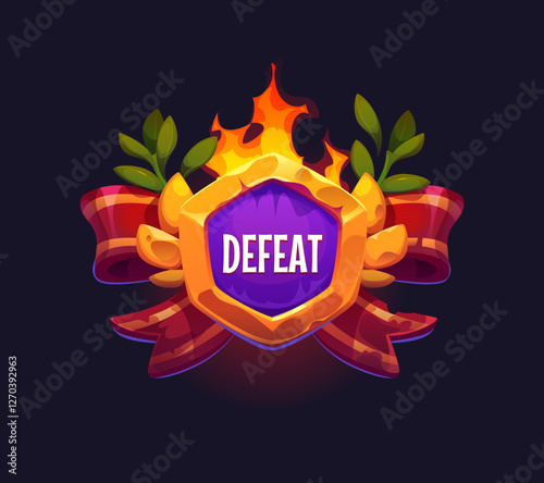 Defeat game icon or badge for fail or level not complete, vector GUI element. Defeat banner with cartoon faded laurel wreath and cracked stone in dirty ribbon for arcade video game popup UI interface