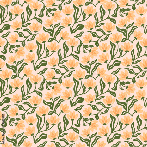 Seamless floral pattern with elegant yellow blooms and flowing green leaves on a soft beige background. Perfect for textiles, home decor, wallpaper, stationery, and digital prints.