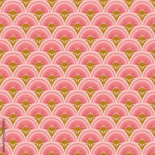 Classic Japanese-inspired repetitive geometric floral design with warm pink and earthy green tones. Perfect for textile designs, wallpapers, stationery, and digital backgrounds.