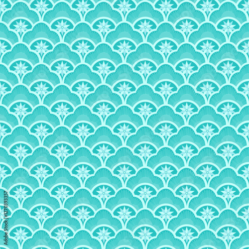 Seamless pattern of stylized vintage-inspired ornamental motif featuring a repetitive floral and fan-like pattern in cool blue tones. Perfect for textiles, wallpapers, stationery, and digital backgrou