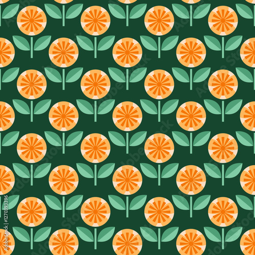 Minimalist nature-inspired floral print with orange-toned flowers and symmetrical green leaves for decorative use. Perfect for textiles, wallpapers, stationery, or digital applications.