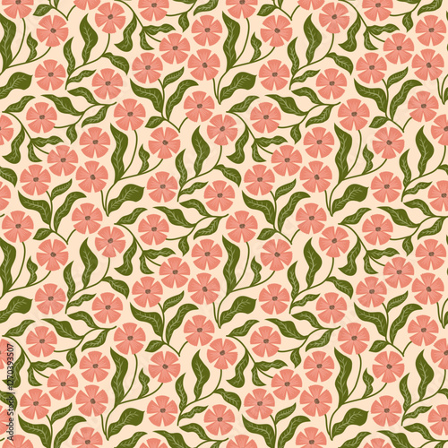 Seamless floral pattern with hand-drawn vintage botanical pattern featuring delicate pink flowers and flowing green Leaves on a beige background. Perfect for textiles, wallpapers or packaging.