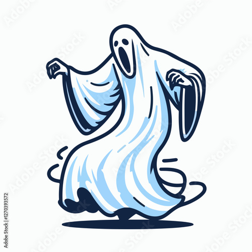 Dance Spectral Serenade: A whimsical cartoon illustration of a classic ghost, wreathed in ethereal energy, capturing the essence of spooky fun and the spirit of the supernatural.