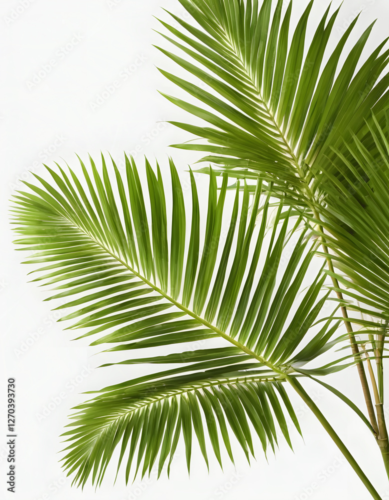 Vibrant green coconut palm leaves displayed against a pure white backdrop for a minimalistic tropical look Vibrant green coconut palm leaves displayed against a pure white backdrop for a minimalistic tropical look