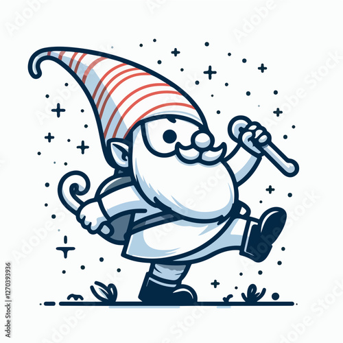 Whimsical Gnome's Holiday Stroll: A charming, illustrated gnome with a pointed hat and a playful stride, ready for the festive season or a fairytale adventure.