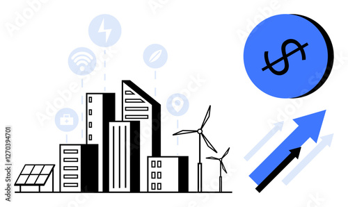 City skyline, wind turbines, solar panel, and icons for energy and technology. Blue circle with dollar sign and upward arrows. Ideal for urban planning, renewable energy, economic growth, innovation