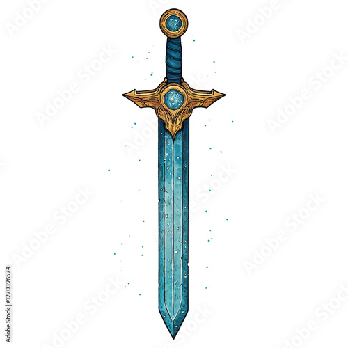 A stunning sword with a blue blade and ornate golden hilt, featuring a striking gem at the pommel. isolated on white background
