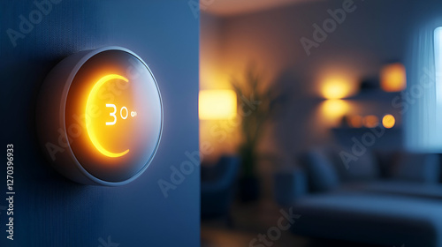 Smart thermostat displaying temperature settings in a cozy, modern living room with ambient lighting. photo