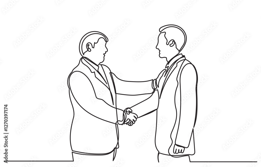 continuous line drawing of Happy confident business partners men shaking hands. Line art vector business people are meeting and shaking their hands to deal with a contract. concept of Trust agreement continuous line drawing of Happy confident business partners men shaking hands. Line art vector business people are meeting and shaking their hands to deal with a contract. concept of Trust agreement