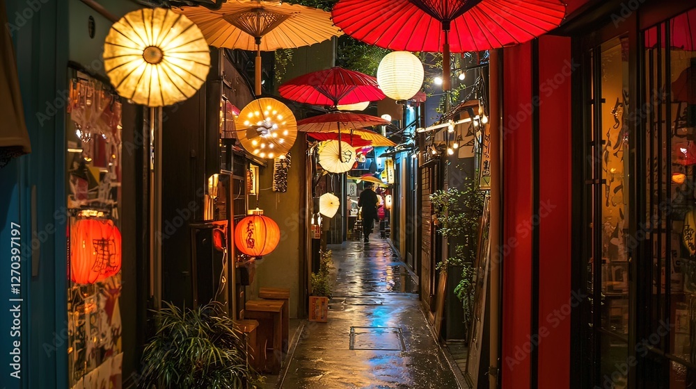 Naklejka premium Night Alley: Paper Lanterns & Umbrellas