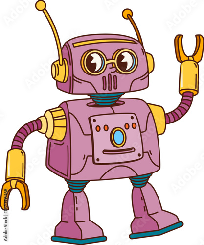 Groovy retro robot cartoon character or transformer droid with funny face, vector comic android. Groovy retro robot with robotic gripper arms, antenna and buttons for kids cute cyborg bot character