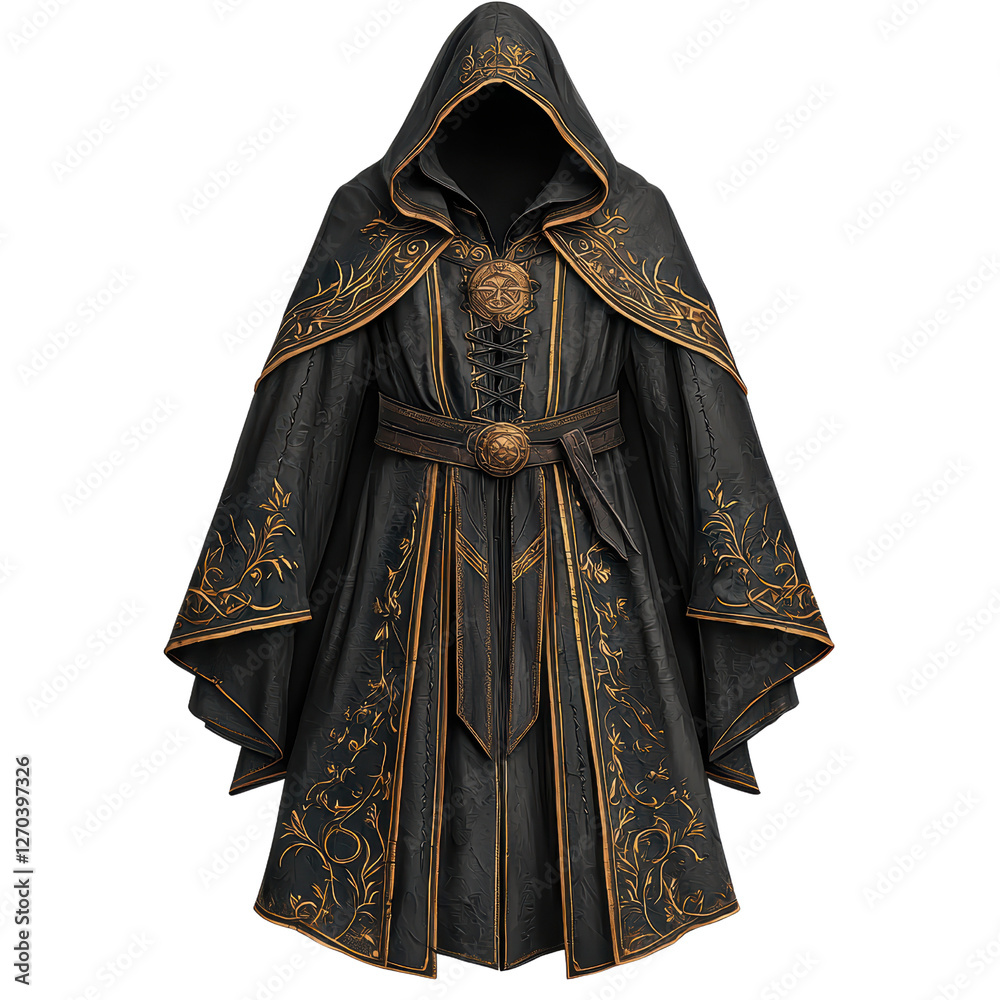 A richly detailed cloak with ornate patterns and a hood, featuring gold embroidery and a belt at the waist. isolated on white background