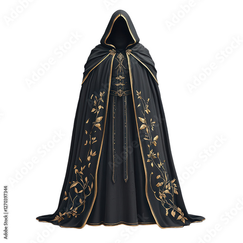 A dark, intricately designed cloak featuring elegant floral embellishments and a hood, exuding an air of mystery and sophistication. isolated on white background
