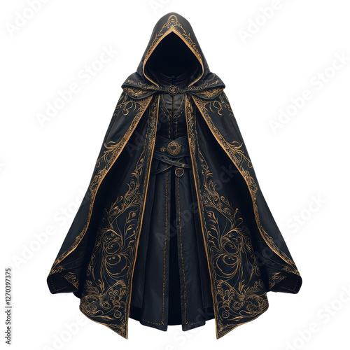 A mysterious hooded cloak adorned with intricate gold patterns, creating an enchanting and mystical appearance. isolated on white background