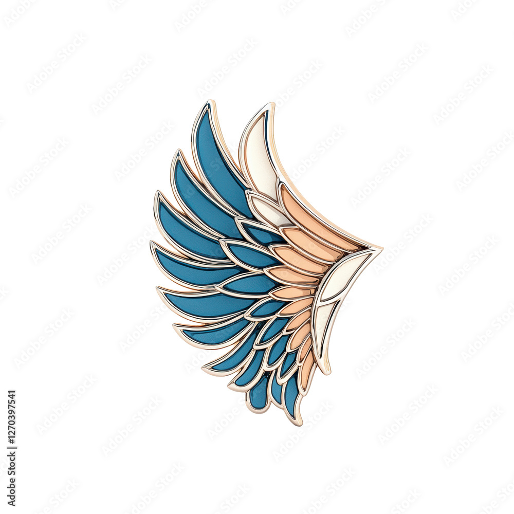 Fototapeta premium A beautifully designed wing with intricate blue and peach patterns, showcasing a blend of elegance and artistic detail. isolated on white background