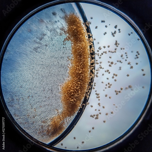 Close-up view of golden grains filtering through a sieve under bright sunlight and blue sky at midday. Generative AI